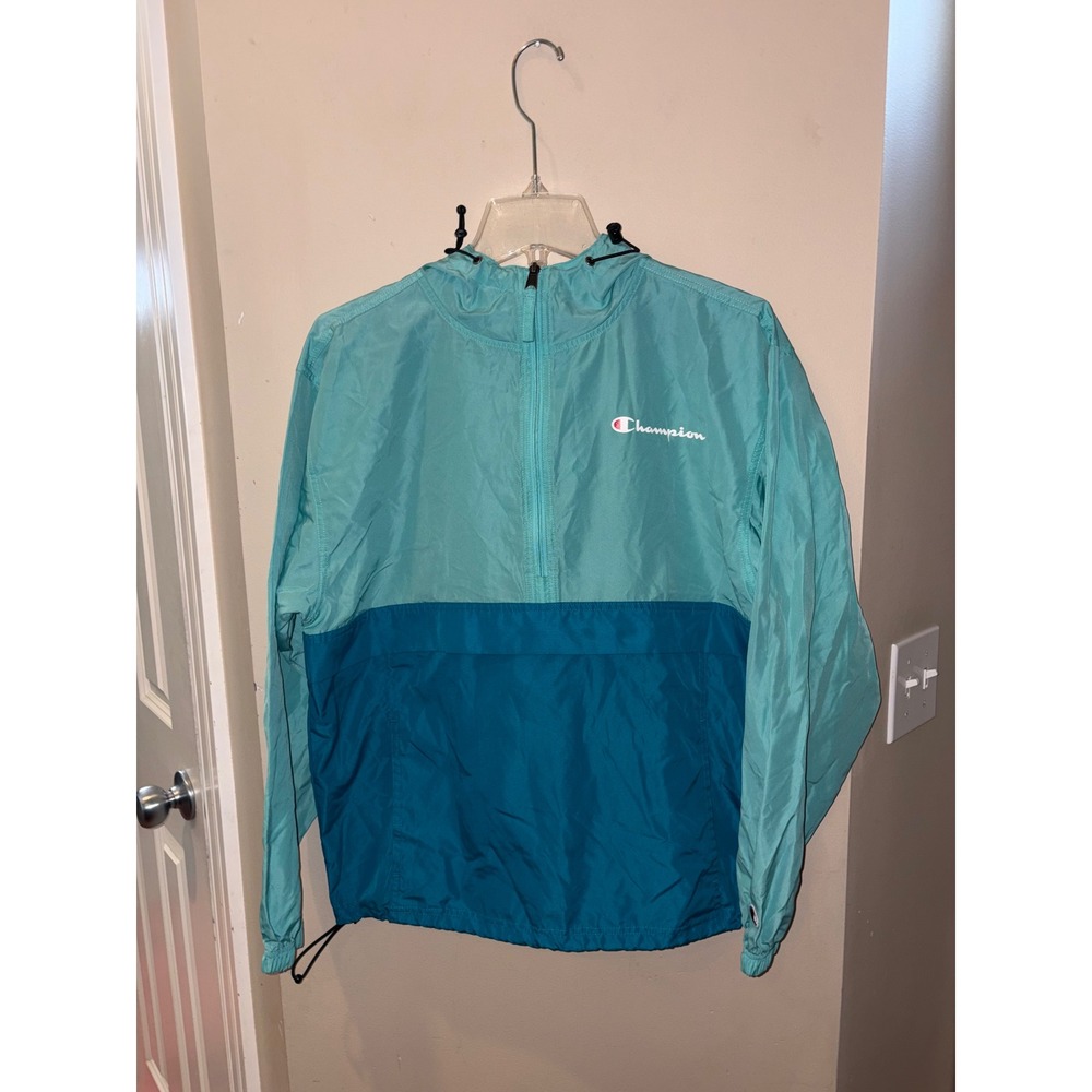 Champion Womens Teal Colorblock Half Zip Hooded Windbreaker Jacket Small